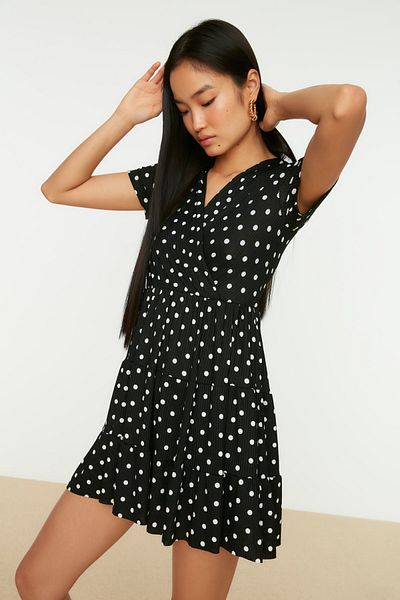 Trendyol Collection Black Polka Dot Patterned Double Breasted Neck Mini Flexible Knitted Dress TWOSS21EL0241