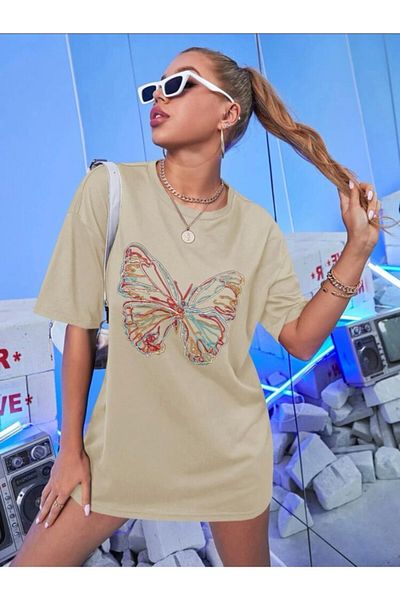 AFROGİYİM Μπλουζάκι Oversize με λογότυπο πεταλούδας σε μπεζ χρώμα