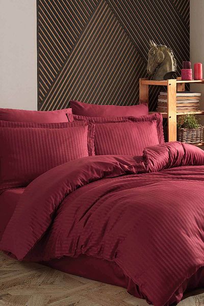 Hobby Striped Satin Double Jacquard Duvet Cover Set Claret Red