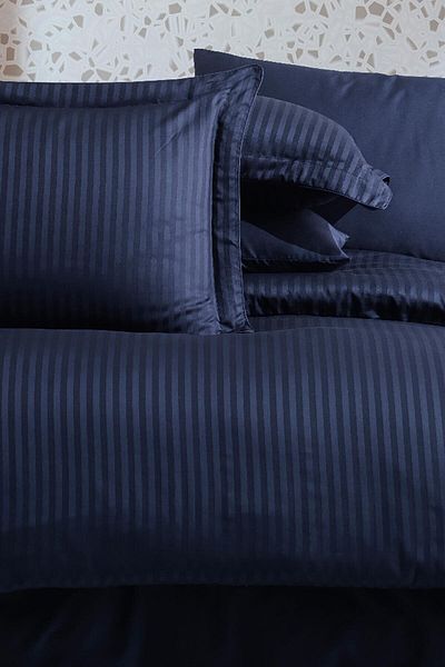 Hobby Striped Satin Double Jacquard Duvet Cover Set - Navy Blue