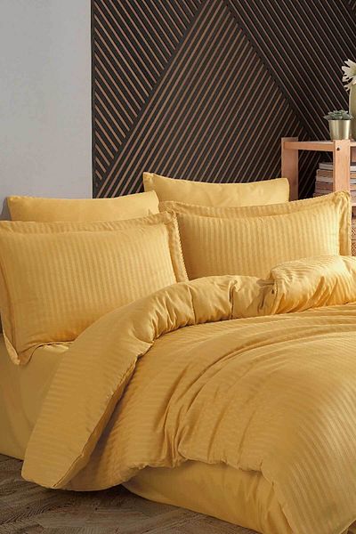 Hobby Striped Satin Double Jacquard Duvet Cover Set - Mustard