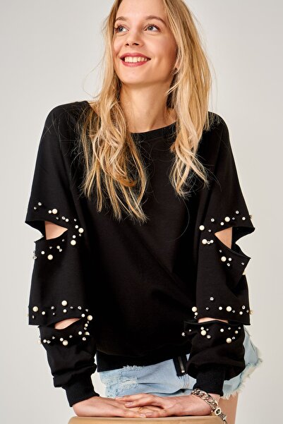 AQE FASHION Pulover de damă negru cu mâneci decupate și detalii cu perle