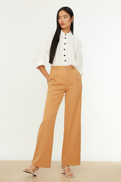 Trendyol Collection Brown High Waist Wide Leg/Wide Leg Pleated Woven Trousers TWOAW21PL0076