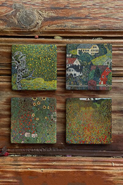 Oscar Stone Decor Taş Bardak Altlığı Stone Coasters - 4lü Set Gustav Klimt Ta...