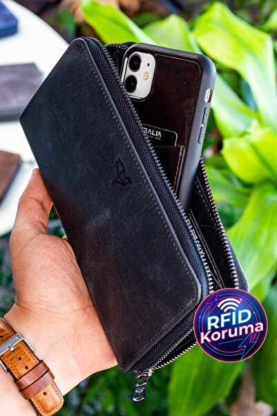 Garbalia Unisex Antrasit Siyah Deri Telefon Bölmeli Mıknatıslı Portföy Cüzdan