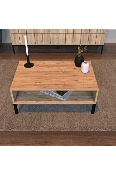Bimossa Meşe Pedro Metal Ayaklı Orta Sehpa 90 Cm Modern Salon Sehpası Orta Masa Şık Orta Sehpa Modeli