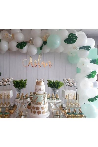 BEST PARTİ DOĞUM GÜNÜ PARTİ SÜSLERİ 70 Pieces of White Mint Green and White Color Balloons 5 mt Balloon Chain