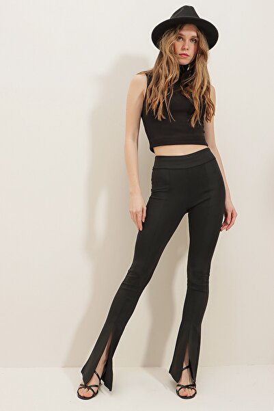 Trend Alaçatı Stili Dámské černé potápěčské kalhoty s vysokým pasem vpředu prošívané s křížovými rozparky ALC-X7799