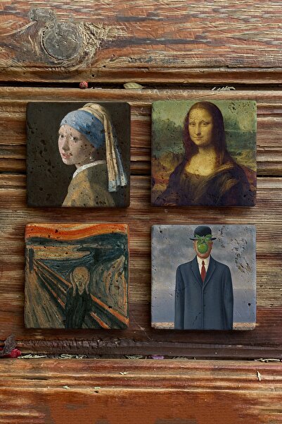 Oscar Stone Decor قواعد أكواب حجرية - مجموعة من 4 مجموعة لوحات شهيرة