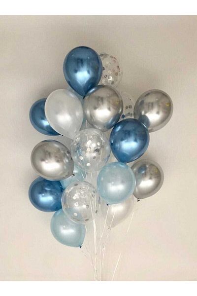 BEST PARTİ DOĞUM GÜNÜ PARTİ SÜSLERİ Chrome Blue Chrome Silver Metallic Blue Transparent Confetti Balloon Set