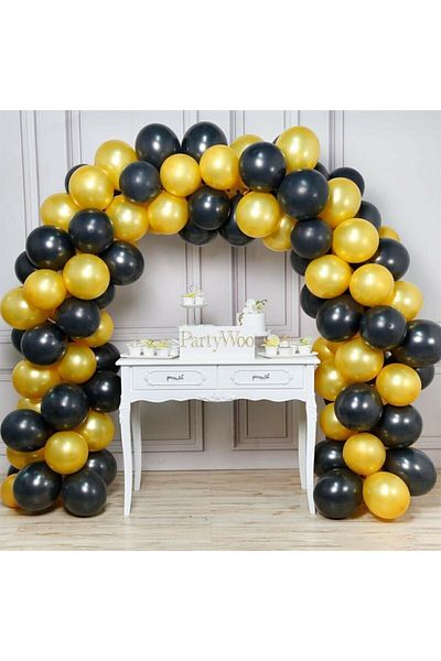 BEST PARTİ DOĞUM GÜNÜ PARTİ SÜSLERİ 12 Inch 50 Pieces Metallic Gold - Pastel Black Balloon + 5 Mt Balloon Chain