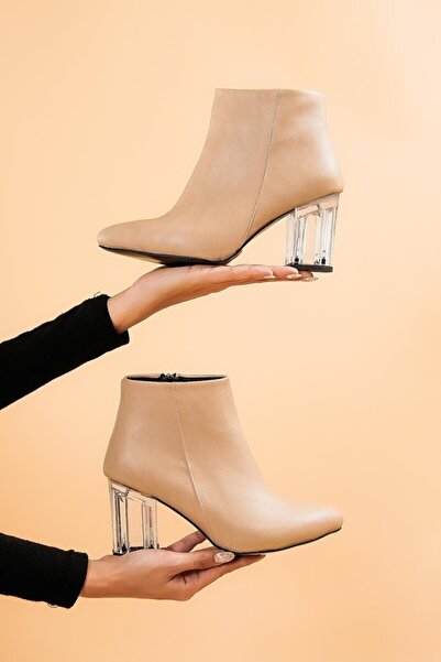 YGTSHOES Kadın Krem Şeffaf Topuk Kısa Çizme Bot