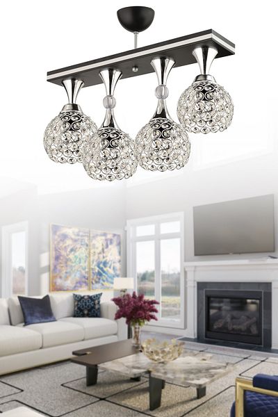 KUZEY AYDINLATMA Cansu 4-Piece Crystal Ball Black Chrome Caka Modern Chandelier