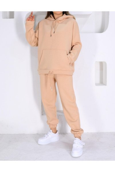Sparrow Laurel Mink Oversize Hooded Kangaroo Pocket Rope Detailed Fleece Inne...