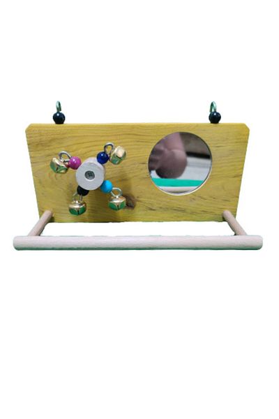 Wooden Bird Wheel And Mirrored Side Wire Perch (YELLOW COLOR)