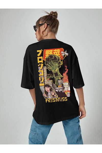 DEEPSENCE Women's Oversize T-shirt Freshınss Back Print Black