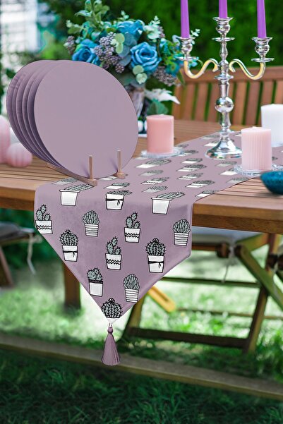 Realhomes Açık Mor Zeminli Kaktüs Tasarımlı Modern Üçgen Püsküllü Runner 1 Ad...