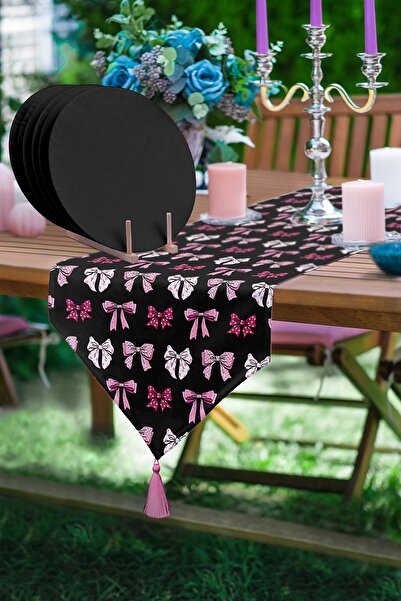 Realhomes Siyah Zemin Pembe Kurdale Tasarımlı Üçgen Püsküllü Runner 1 Adet & ...