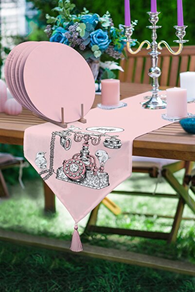 Realhomes Pembe Zemin Antika Telefon Tasarımlı Modern Üçgen Püsküllü Runner 1...