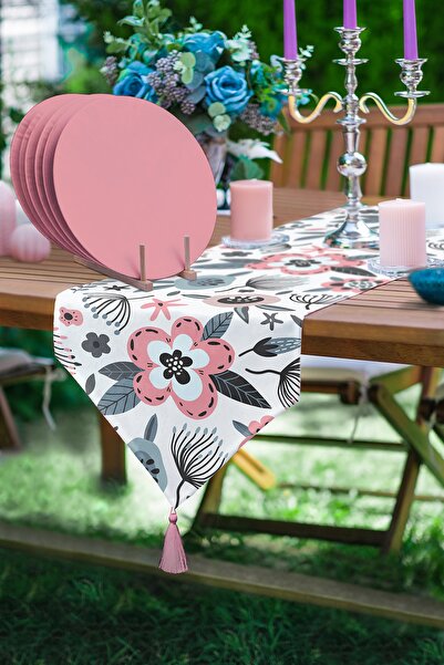 Realhomes Gül Yaprakları Özel Tasarım Üçgen Püsküllü Runner 1 Adet & 6 Adet P...