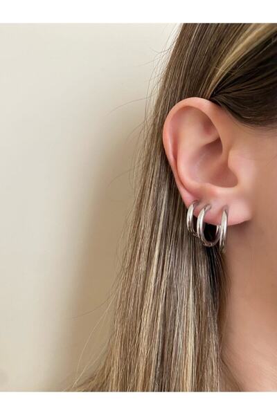 Okkostore طقم أقراط دائرية من الفولاذ باللون الفضي للنساء مكون من 3 قطع