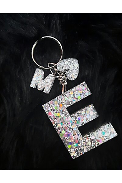 nursstore Gümüş Simli E Harfi Minik Kalp Ve Harf Detaylı Epoksi Anahtarlık He...