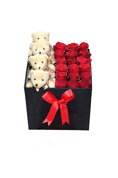 Evsay Siyah Kare Kutuda Gerçek Görünümlü Yapay Kadife Güller Ve Peluş Ayıcıklar