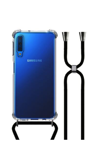 Molly Galaxy A7 2018 Uyumlu Siyah Boyun Askılı Ipli Şeffaf Silikon Kılıf