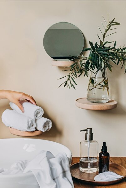 Ratu Studio Masif Ahşap Yuvarlak Duvar Rafı 3'lü Set