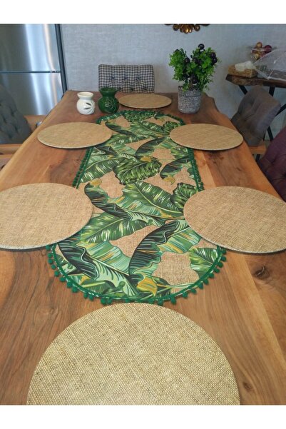 Ayşemce طقم مفرش طاولة على شكل ورقة الموز منقوشة باللون الأخضر بوم بوم بيضاوي...