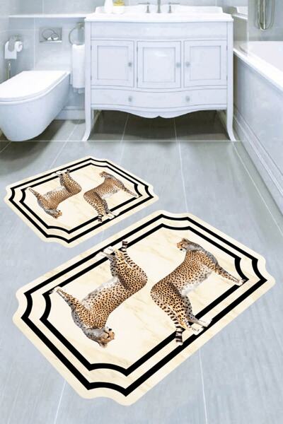 Resmiro Çerçeve Detay Leopar Desenli 2li Banyo Paspası 50x60 cm - 60x100 cm