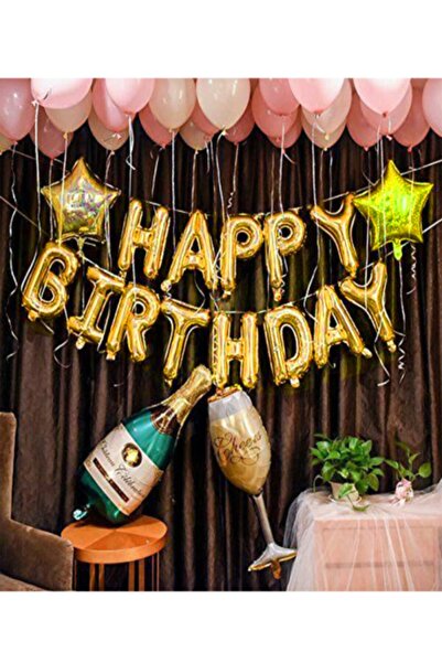 Parti dolabı Happy Birthday Doğum Günü Balonu Kombini Gold Balon Seti