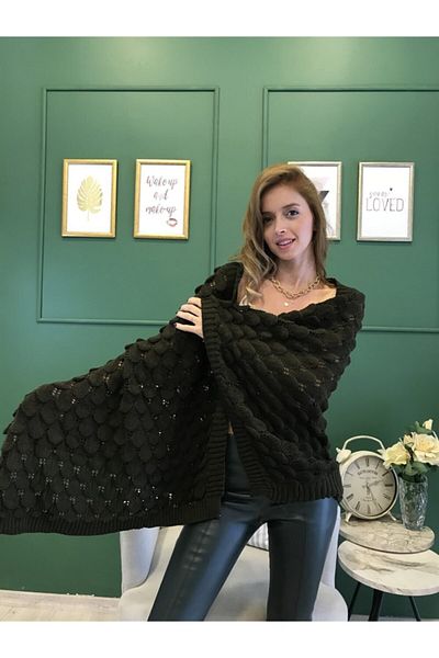Ocean Openwork Khaki Knitwear Shoulder Shawl