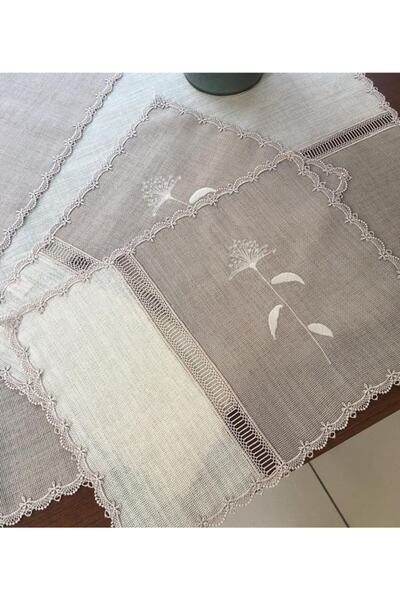 Tezgah İstanbul 12 'li Kahverengi & Krem Nakışlı Leke Tutmaz Keten Amerikan S...