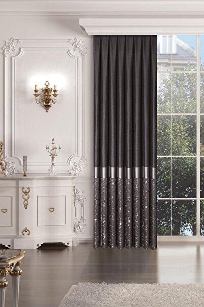 Mürdüm Perde Antrasit Mermer Desenli Jakarlı Etek Bantlı Dekoratif Fon Perde