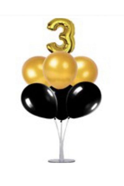 Şeker Adası 3 Year Old Number Foil Balloon Gold Gold 40 Cm, Balloon Stand, 6 Balloons, Birthday, Anniversary, Party
