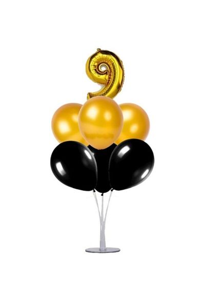 Şeker Adası 9 Years Old Number Foil Balloon Gold Gold 40 Cm, Balloon Stand, 6 Balloons, Birthday, Anniversary, Party