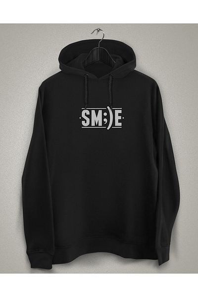 YEACHY Women's Black Smile Hooded Printed Sweatshirt