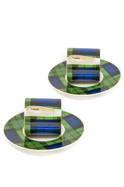 Bursa Porselen Dekor Yeşil Lacivert Ekoseli Altın Kulplu Iki Kişilik Kahve Fincan Takımı