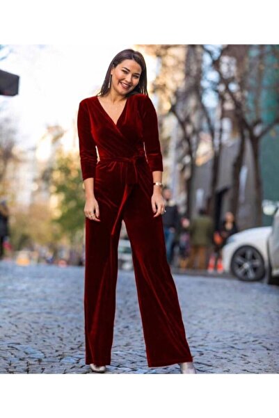 Genel Markalar Kadın Bordo Kruvaze Yaka Kadife Tulum