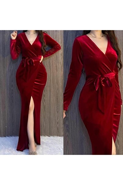 Styling Park Kuşaklı Bordo Kadife Elbise