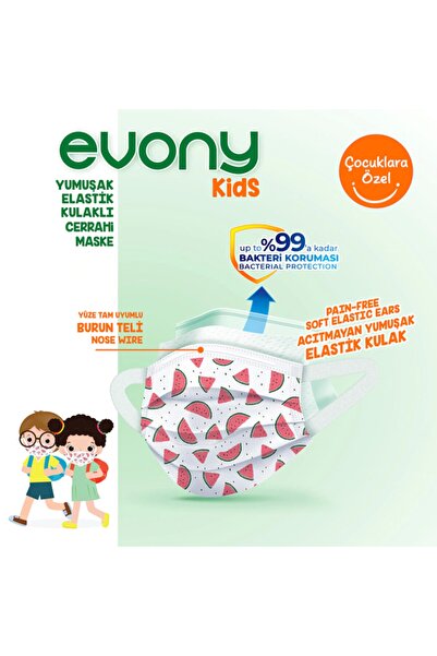 Evony Kids Yumuşak Elastik Kulaklı Renkli Çocuk Maskesi 100 Adet