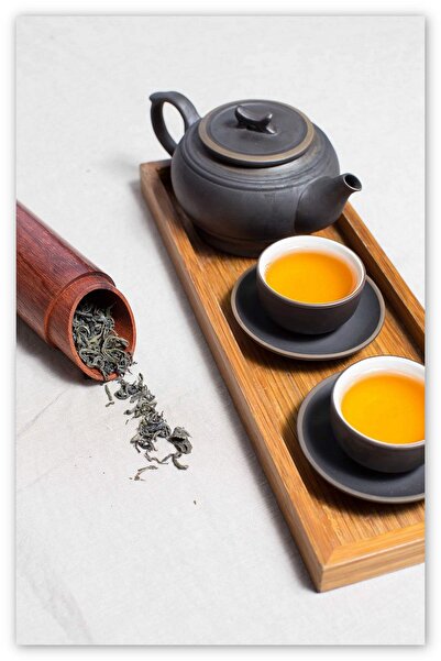 Cakatablo Ahşap Tablo Nostaljik Çaydanlık Ve Fincanda Yeşil Çay (25x35 Cm Boyut)