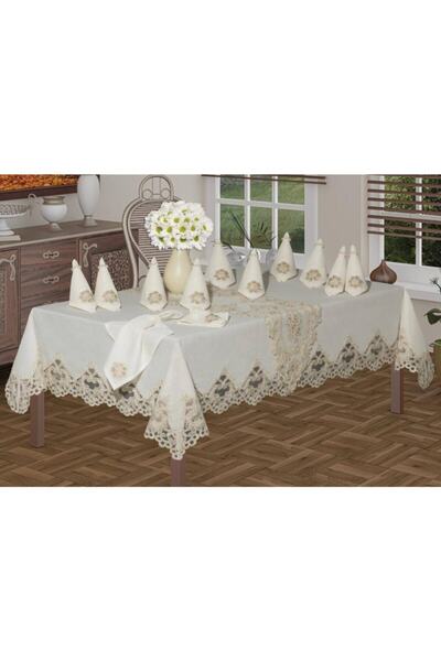 bursa çeyiz 26 Piece Dilruba French Lace Dining Set Linen Fabric with Piccolo