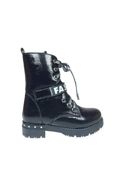 grafen Orthopedic Booties Girls' Boots Black Patent Leather Stone Lace up Side Zipper