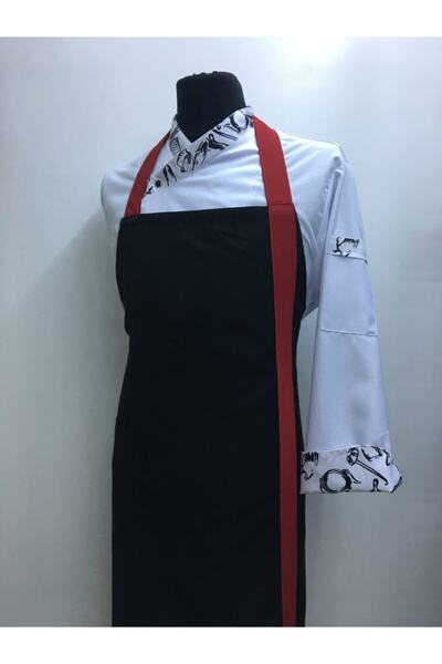 ADALILAR İŞ ELBİSELERİ مريلة بطول الرسن للطهي والمطبخ والمطعم والنادل (مع شريط أحمر)