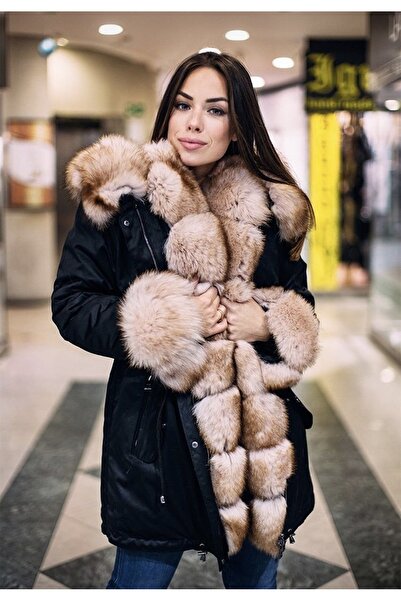 nero leather fur Kadın Siyah Su Gerçirmez Kumaş Parka