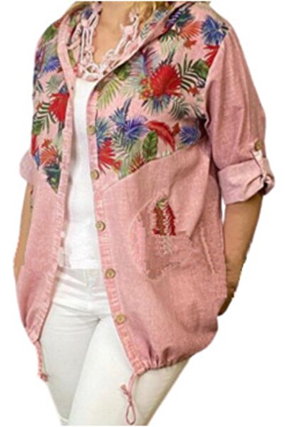 eLm Kadın Pembe Kapüşonlu Kol Düğme Detaylı Büyük Beden Ceket