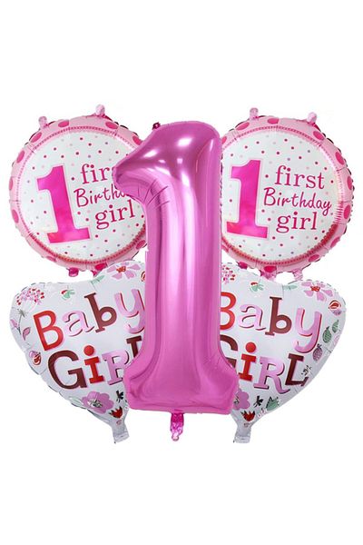 hediyehobihersey 1 Year Old Birthday Pink Foil Balloon Set of 5
