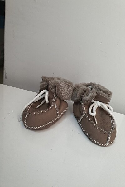 Papulin Unisex Bebek Gri Süet Deri Kürklü Patik